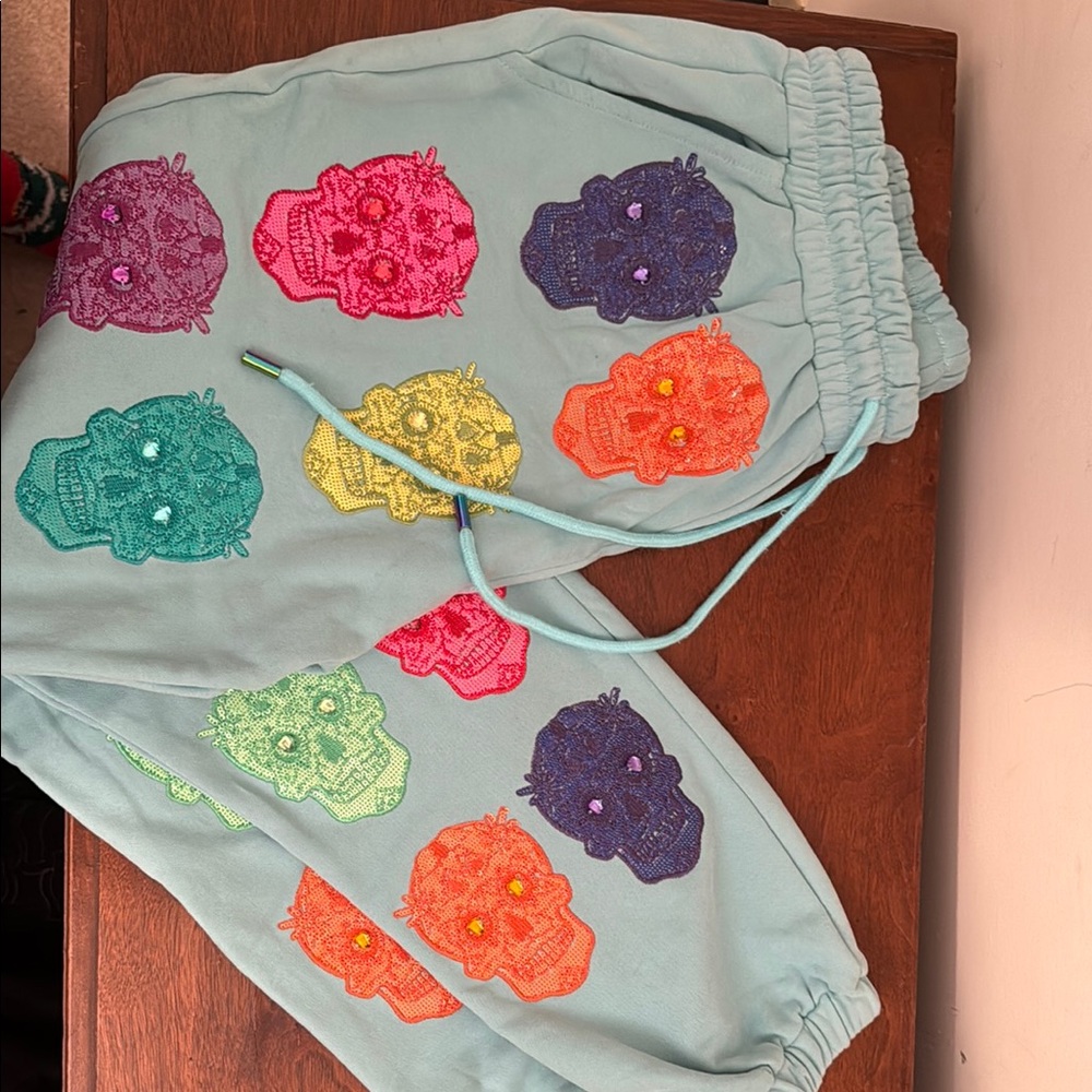 QOS Sugar Skull Print Sequin Joggers